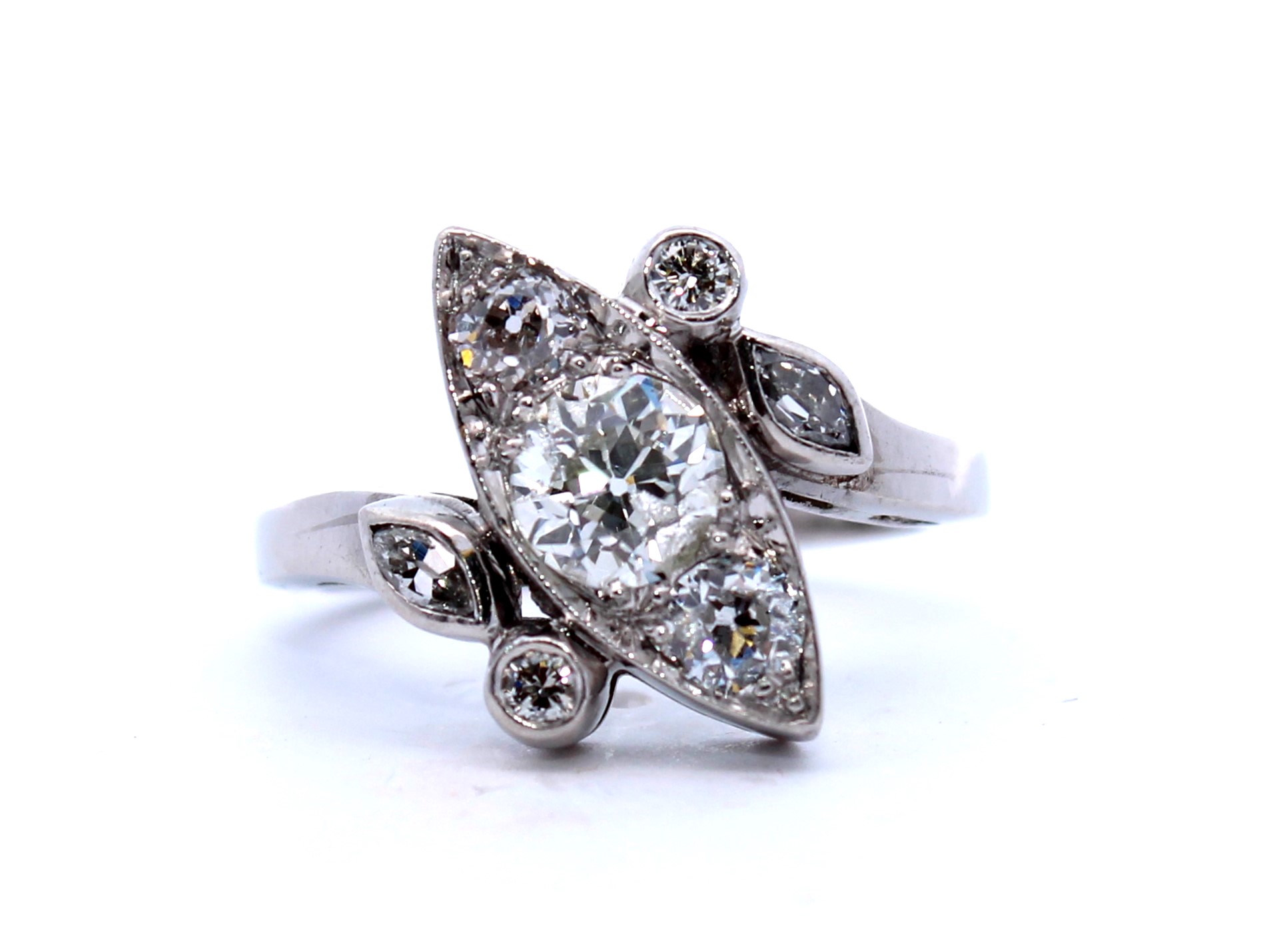 Estate Platinum Handmade Navette Shaped Diamond Ring